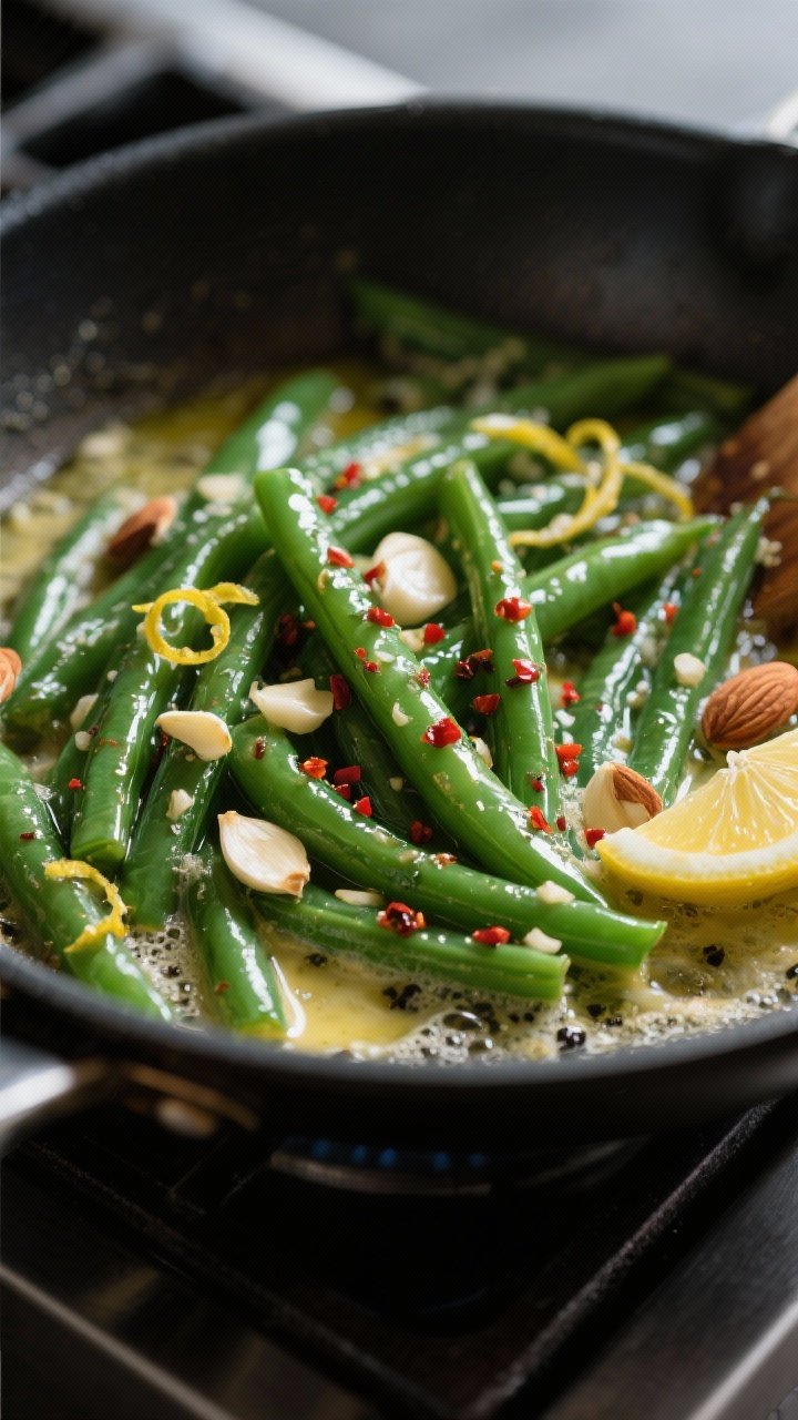 Close-up cooking process: Sautéed Christmas garlic butter green beans in a large skillet, beans glo