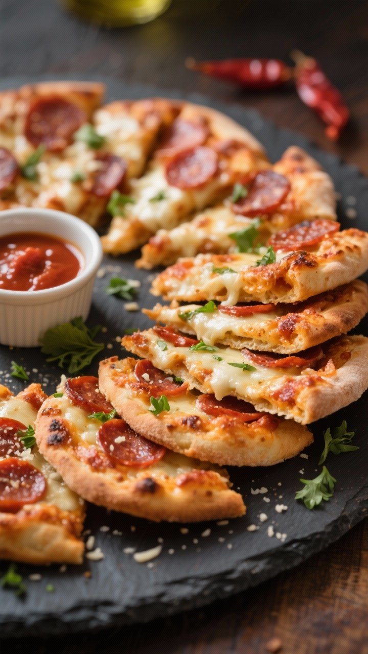 Close-up detail of a party-ready platter of mini pepperoni pizzas stacked slightly and arranged in a