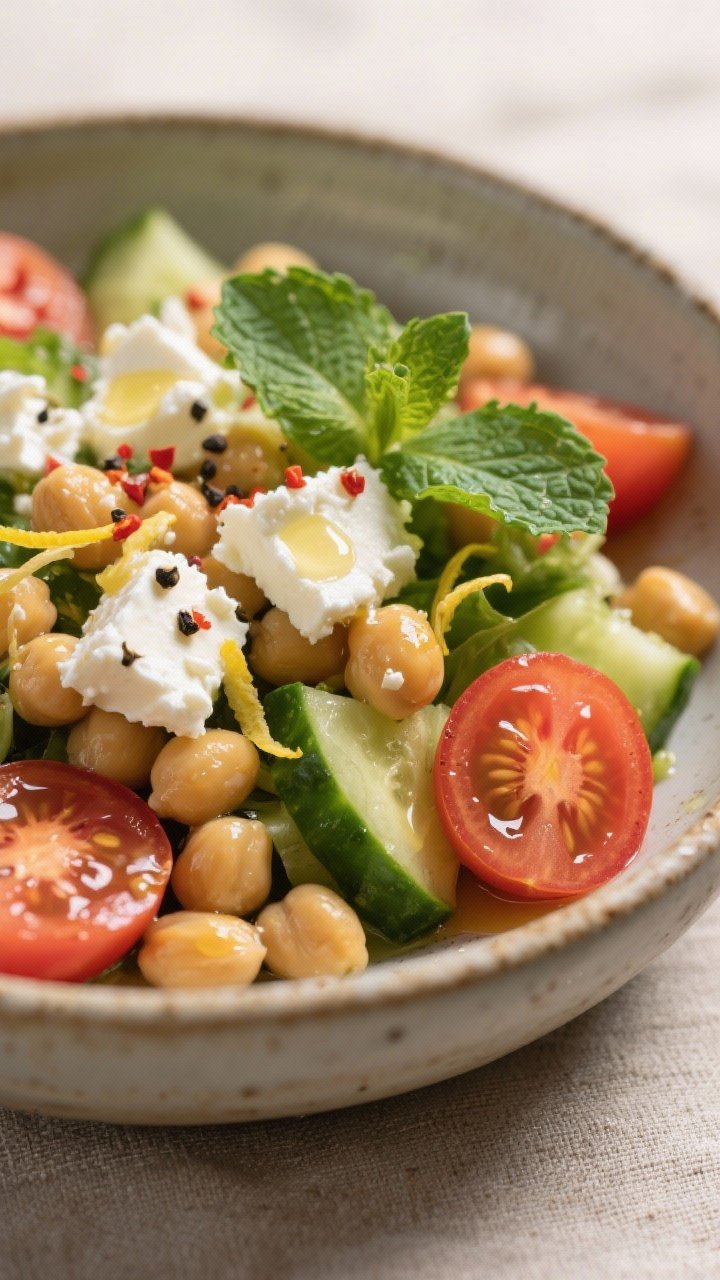 Close-up detail of the final plated salad in a shallow stoneware bowl: creamy crumbles of feta nestl
