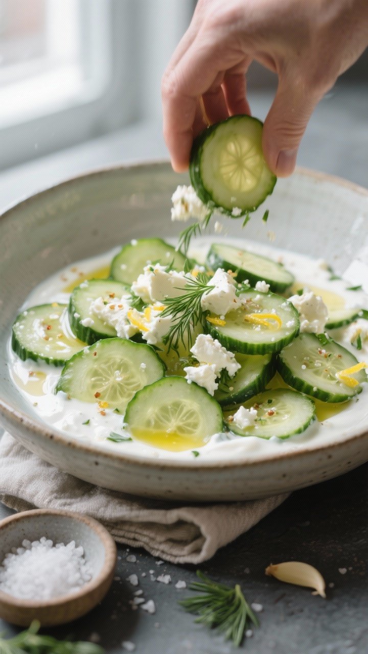Close-up detail, process shot: Thinly sliced, salted English cucumber rounds being tossed into a glo