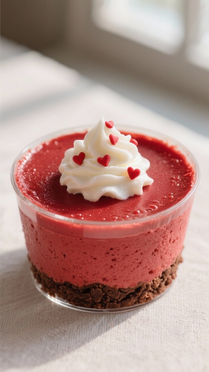 Close-up detail shot: A red velvet cheesecake cup filled nearly to the brim with velvety, cocoa-kiss