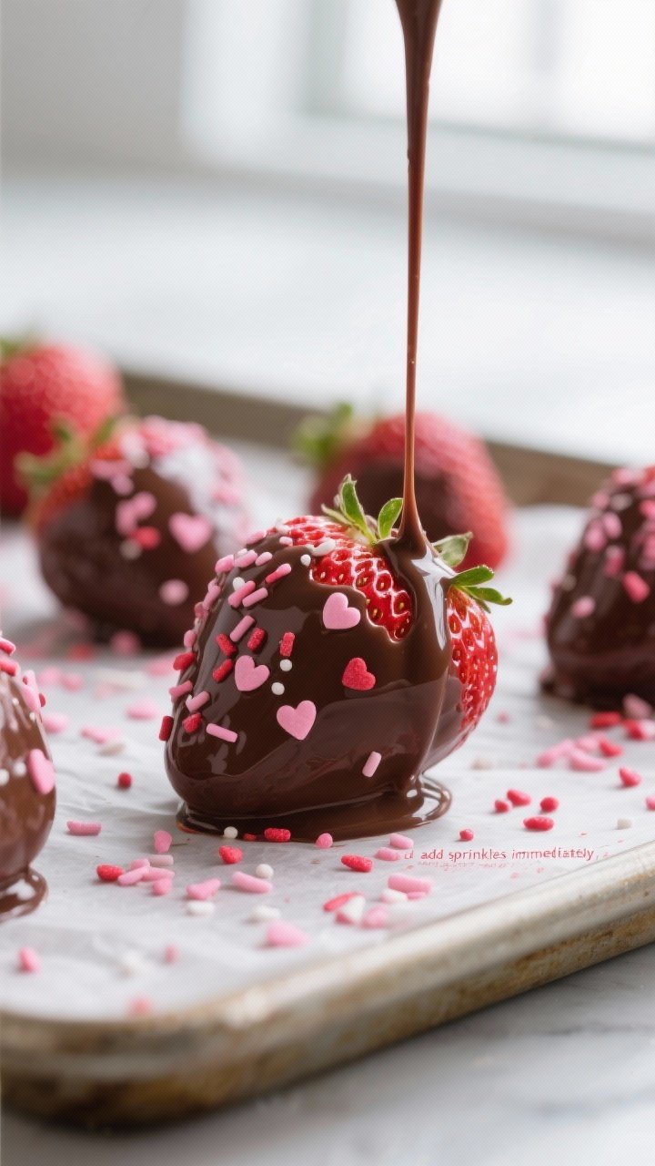 Close-up detail shot of freshly dipped Valentine chocolate strawberries resting on a parchment-lined