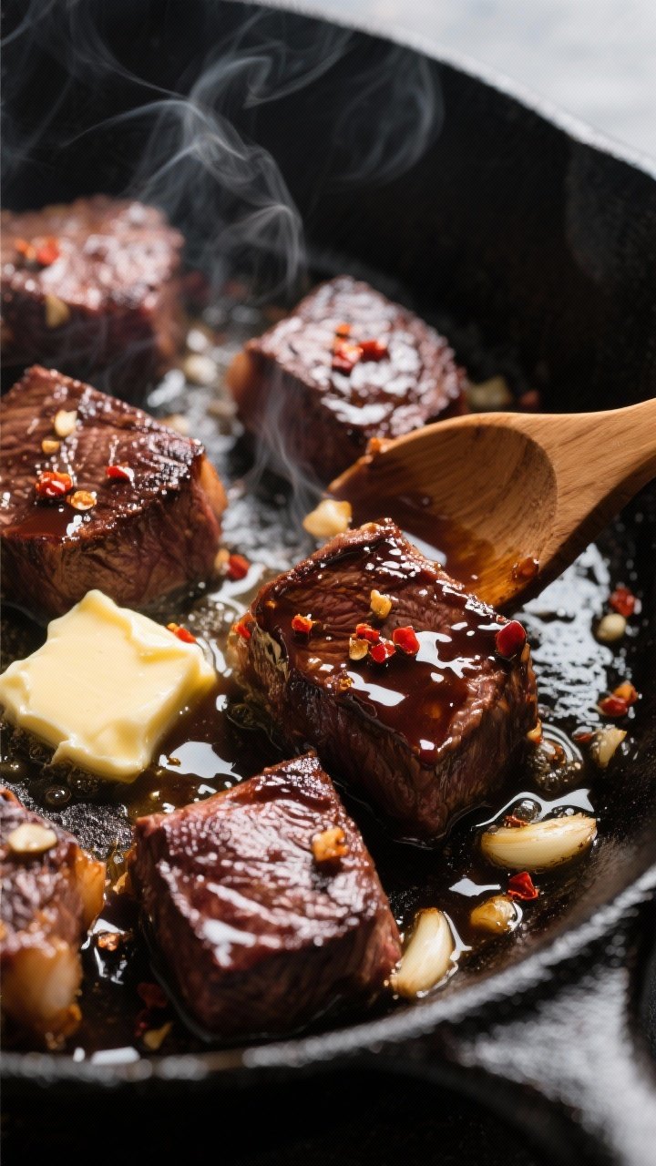 Close-up detail shot: Sizzling balsamic steak bites mid-cook in a black cast-iron skillet, showing a