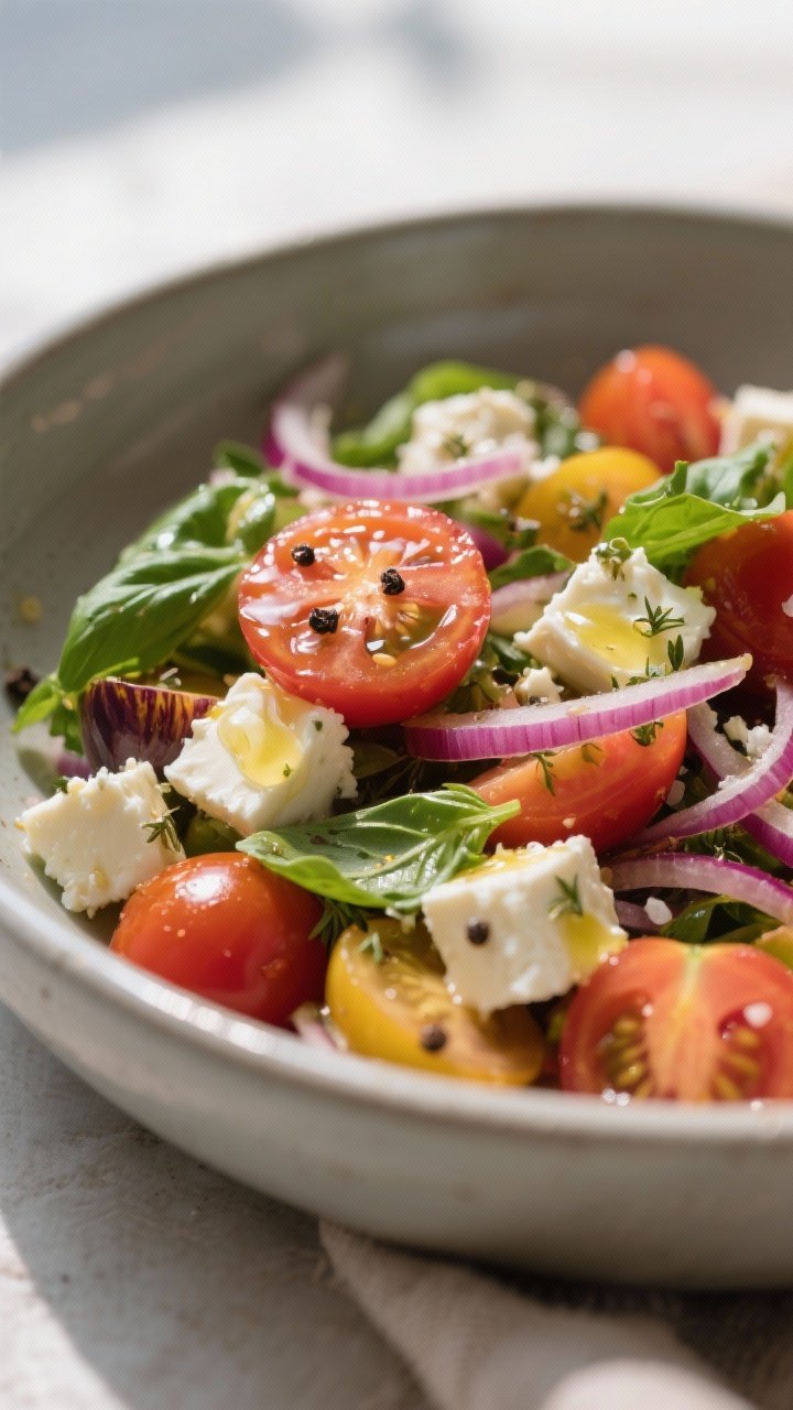 Close-up detail: Tossed feta tomato basil salad just after dressing, glistening olive oil vinaigrett