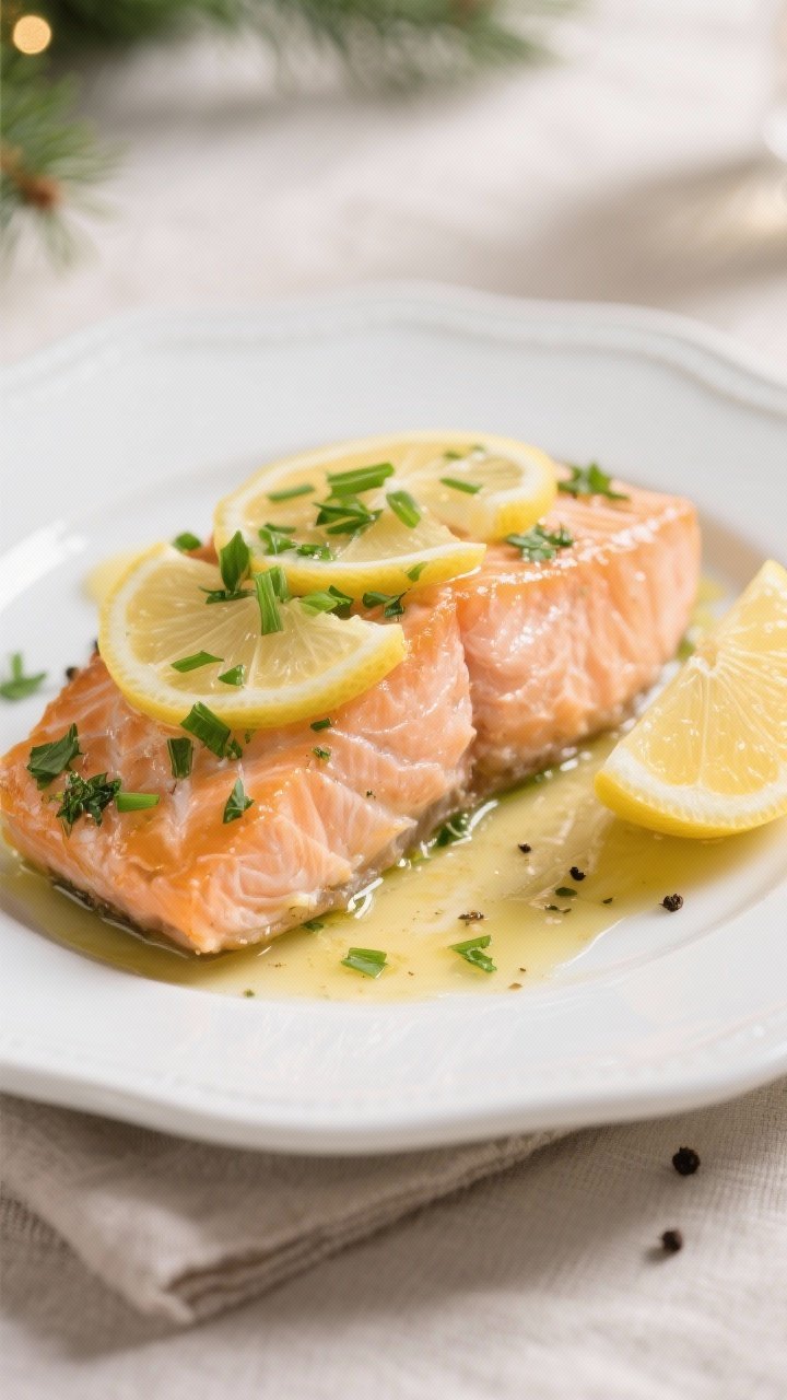 Close-up plated presentation of the Christmas Eve lemon herb salmon, center-cut portion flaking tend