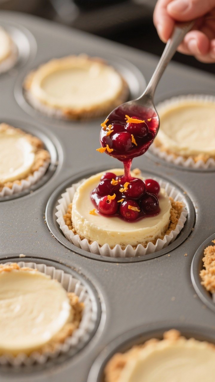 Close-up process shot of cheesecake cups just out of the oven, still in a lined muffin tin, showing 