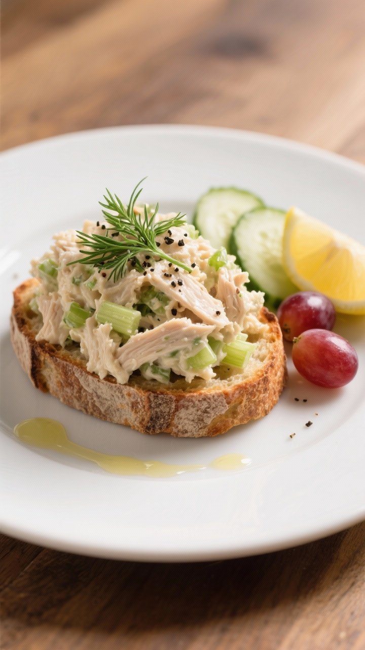 Close-up, restaurant-quality plated final dish: a generous scoop of chicken salad mounded on toasted