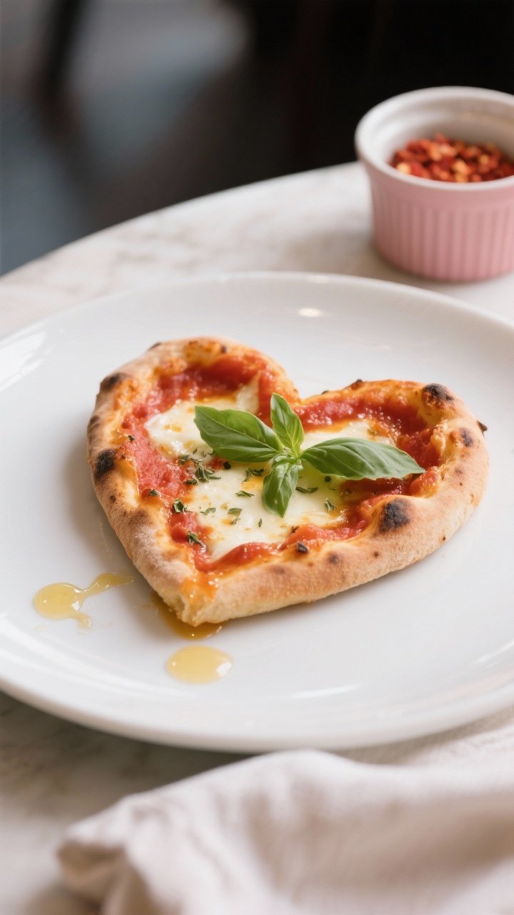 Close-up, shallow depth-of-field detail of a single heart-shaped mini Margherita pizza on a matte wh