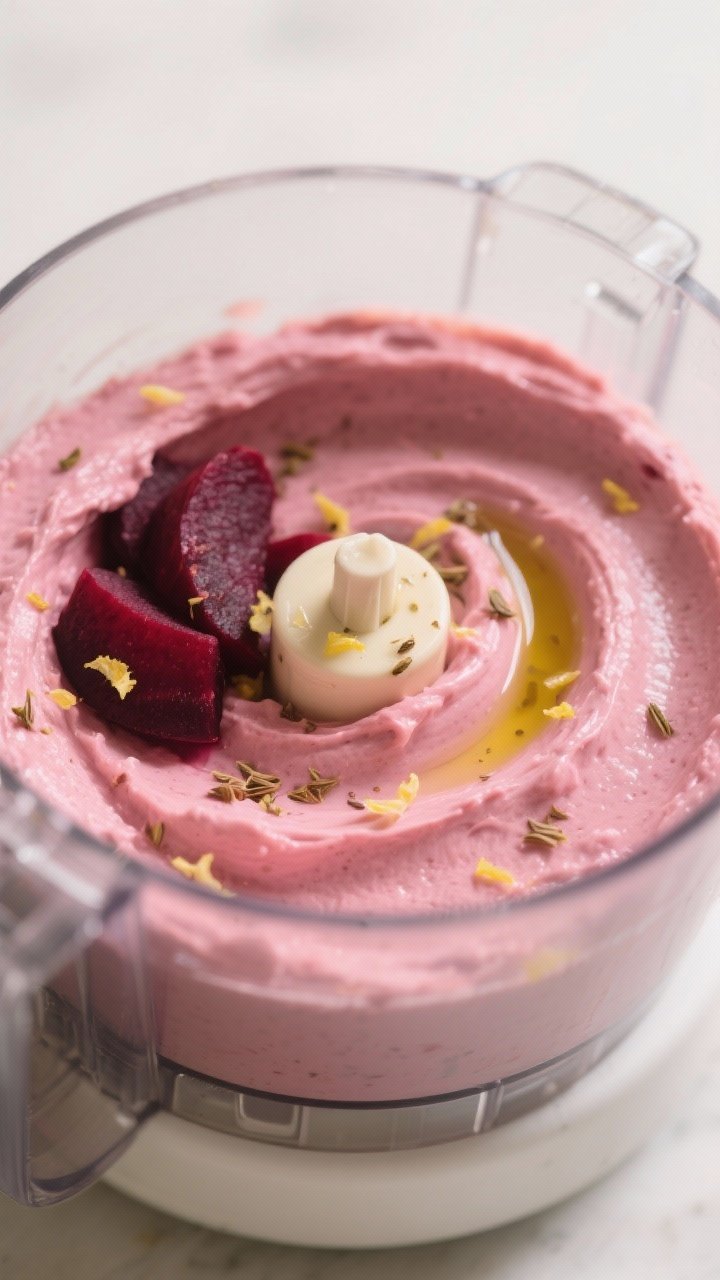 Cooking process, close-up detail: Velvety pink hummus whirling in a food processor just after adding