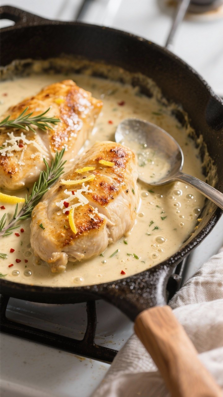 Cooking process close-up: Golden pan-seared chicken breasts nestled back into a simmering creamy gar