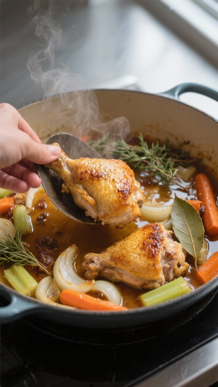 Cooking process close-up: Golden-seared chicken thighs being lifted from a Dutch oven, with tender t