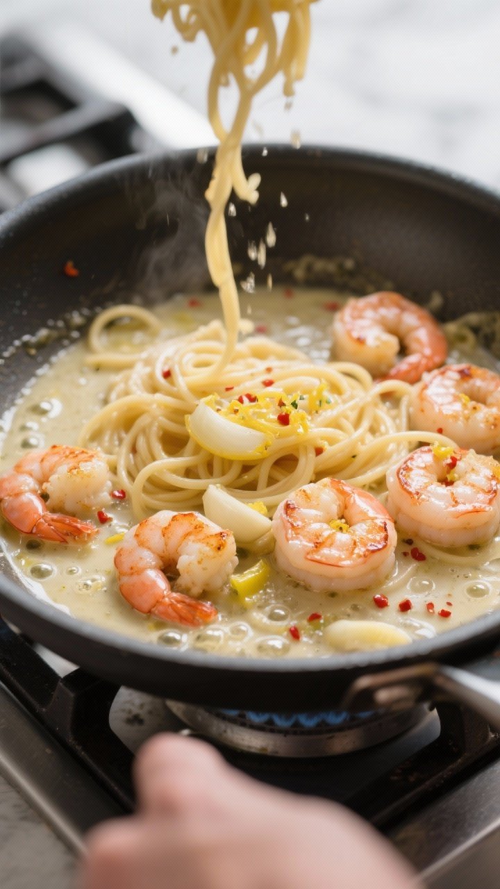 Cooking process close-up: Juicy shrimp sizzling in a glossy garlic–butter–white wine sauce in a 