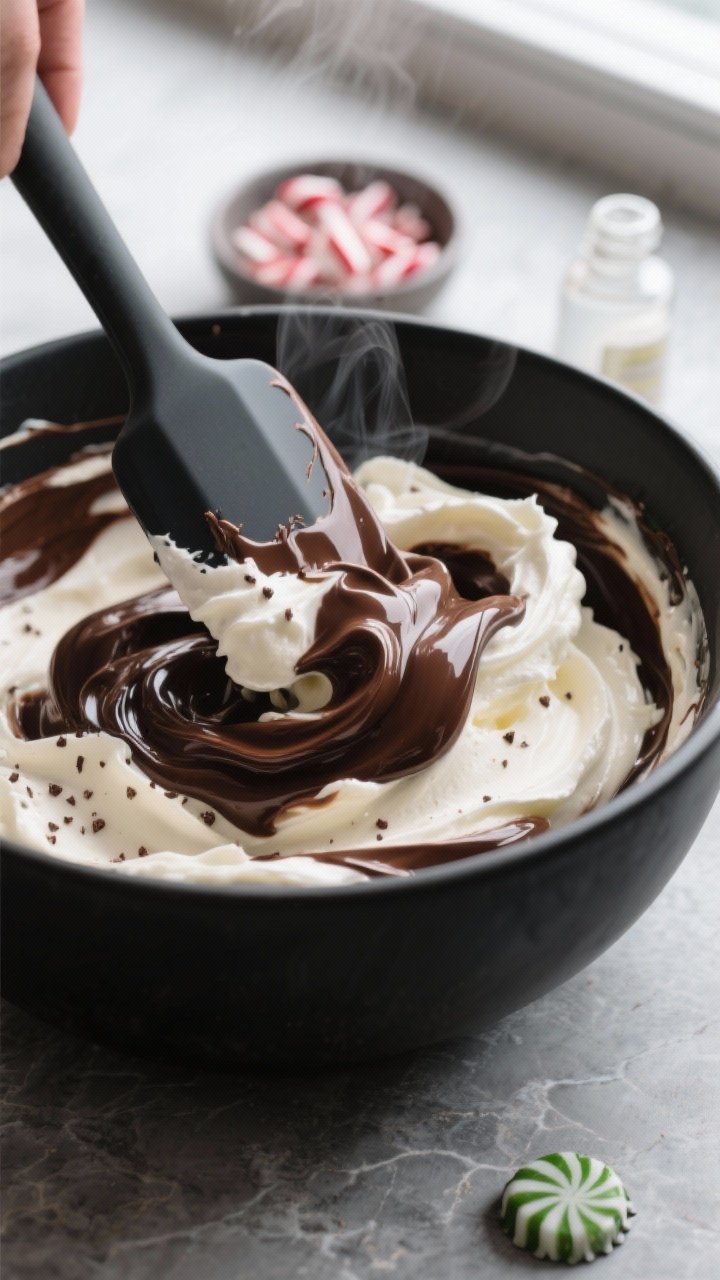 Cooking process close-up: Melted dark chocolate ganache being folded into softly whipped cream to fo