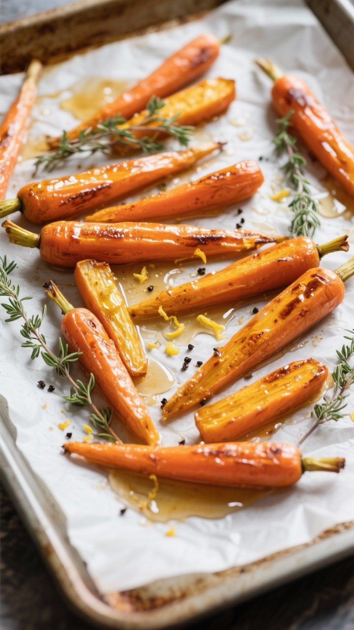 Cooking process, overhead: Overhead shot of honey-thyme roasted carrots midway through roasting on a
