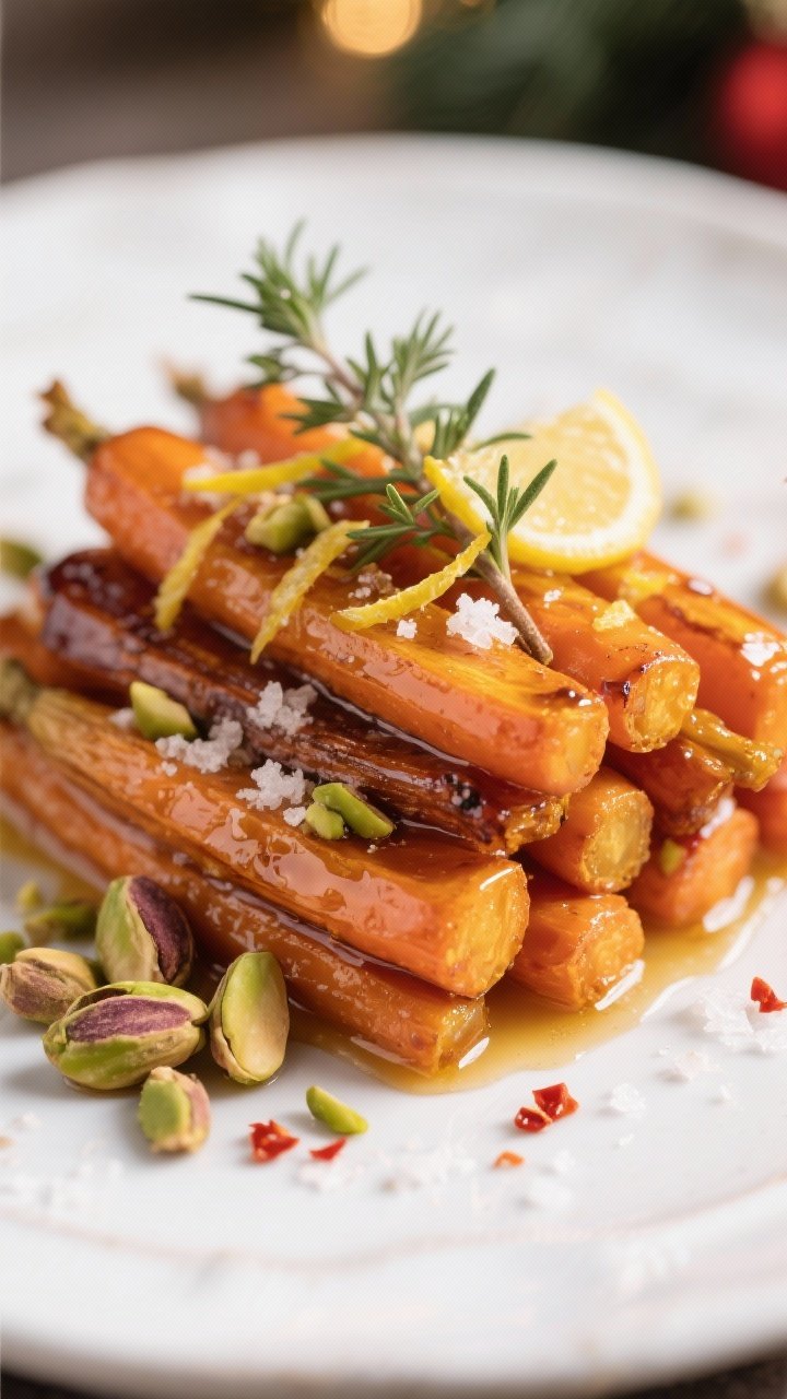 Final dish, close-up detail: Close-up of Christmas honey roasted carrots plated on a matte white pla