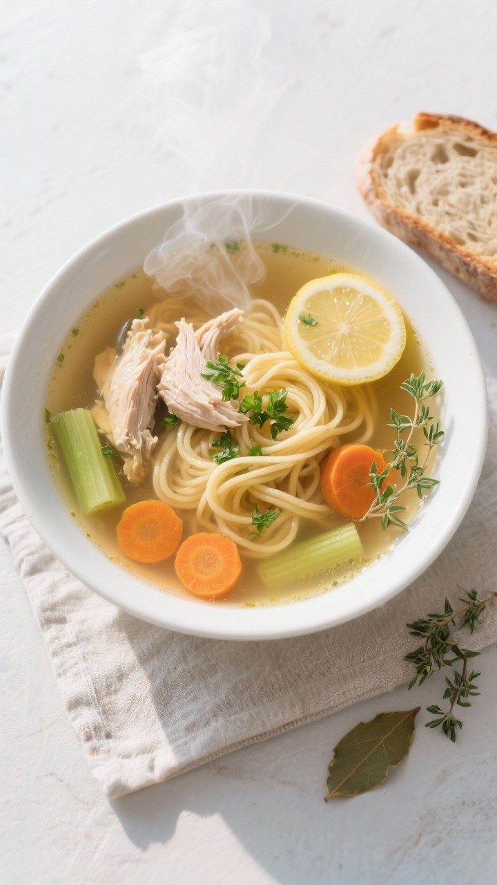 Final dish overhead: A steaming bowl of classic chicken soup, showcasing clear, golden broth; shredd