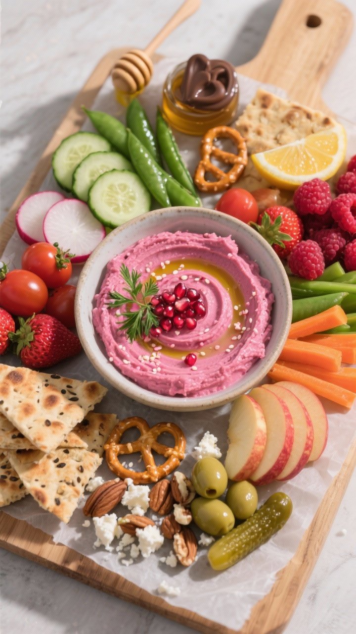 Final dish, tasty top view: Overhead shot of a Galentine’s pink hummus snack board centered around