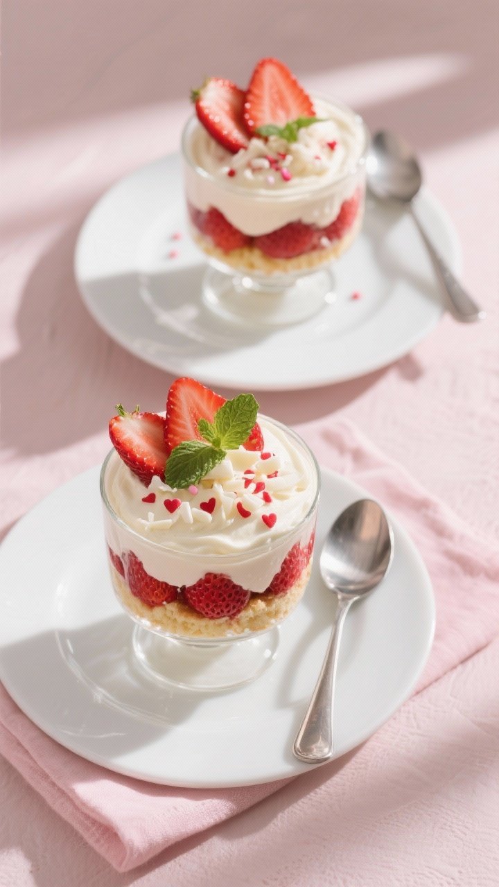 Final dish, tasty top view: Overhead shot of two finished Valentine’s Day strawberry shortcake par