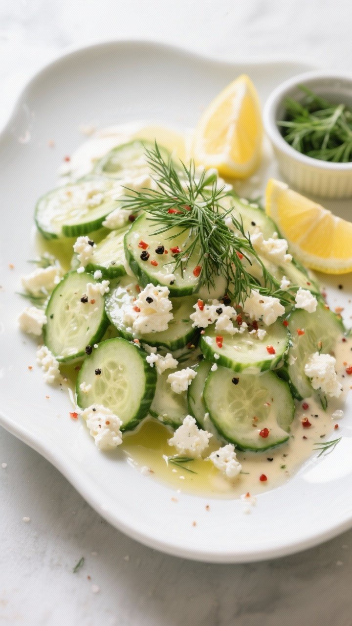 Final dish, top-down presentation: Overhead shot of Winter Cheese Cucumber Dill Salad mounded in a l