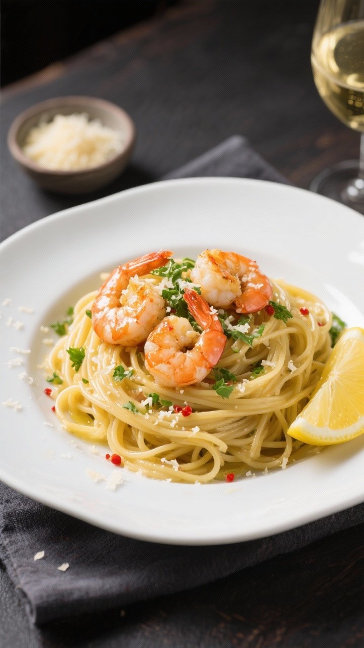 Final dish top view: New Year’s Eve garlic shrimp pasta plated restaurant-style—linguine twirled