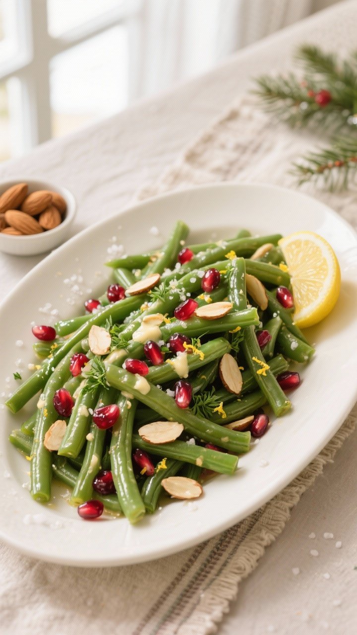 Final plated, overhead festive presentation: Overhead shot of Christmas garlic butter green beans pi