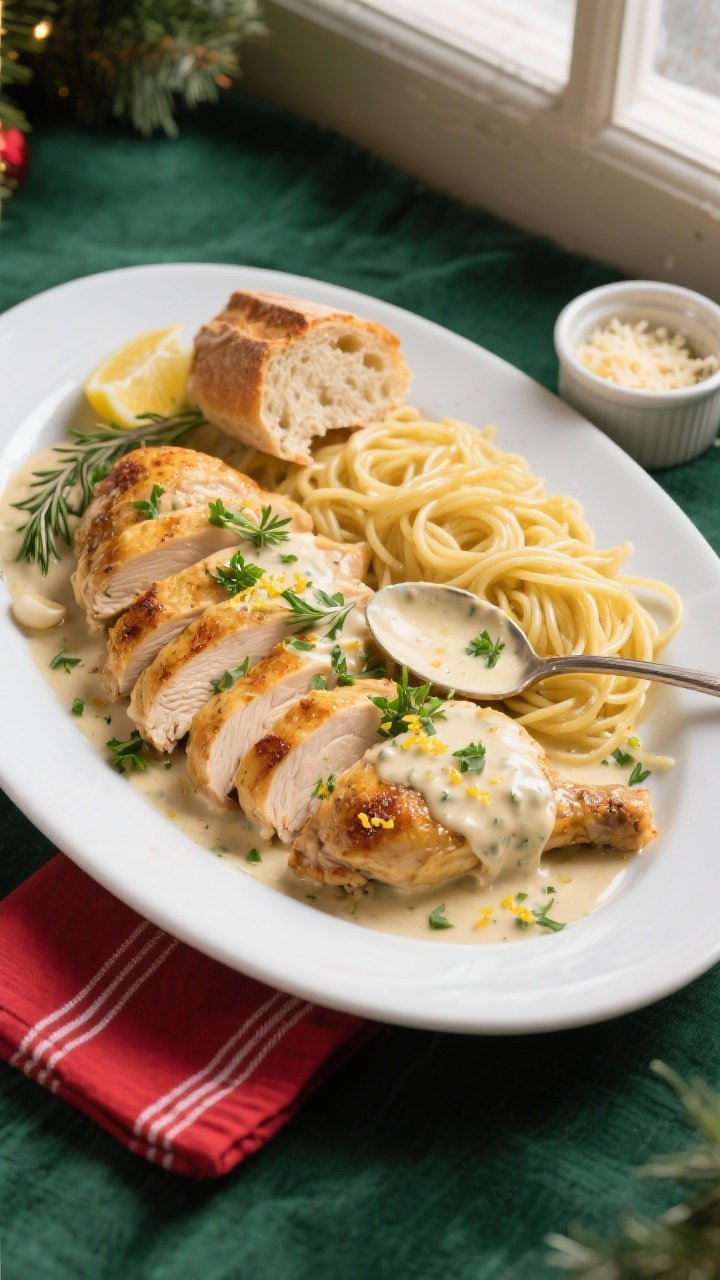 Final plated overhead: Overhead shot of Christmas Eve creamy garlic chicken served family-style on a