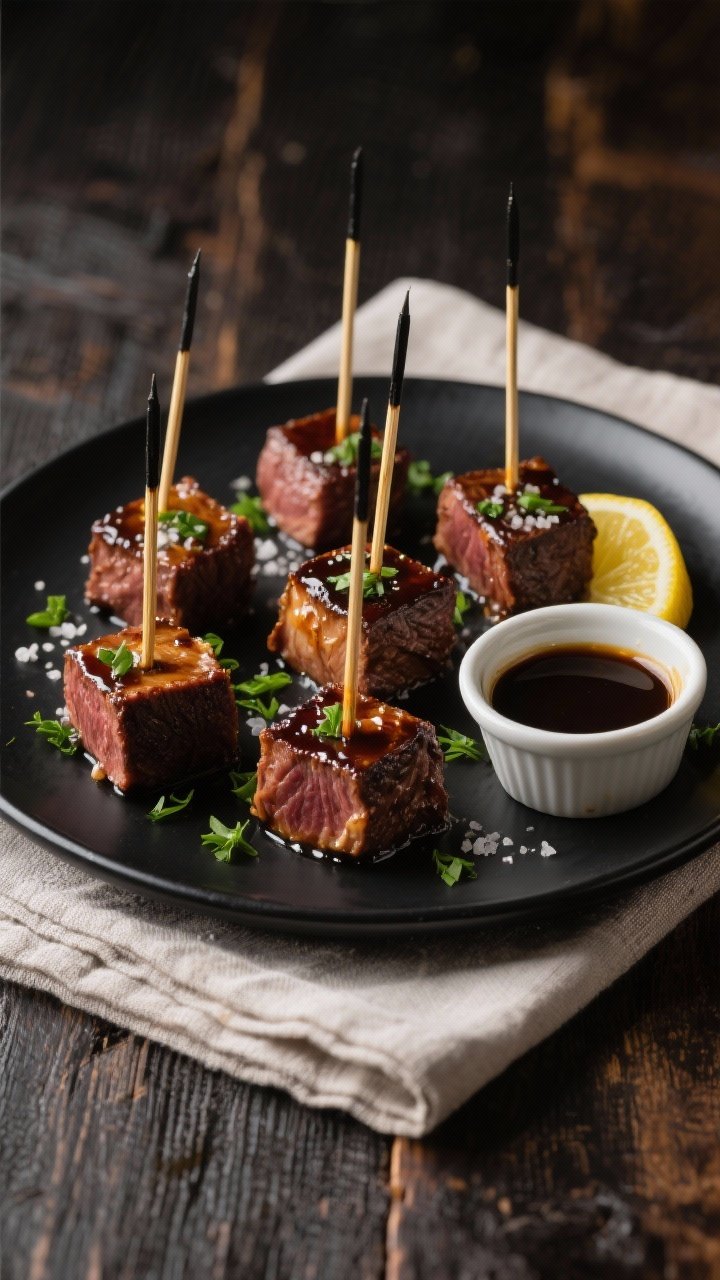 Overhead final presentation: New Year’s Eve balsamic steak bites arranged on a matte black serving