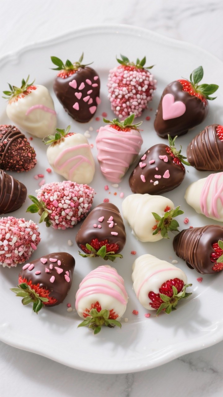 Overhead final presentation of assorted chocolate-covered strawberries arranged in a neat boutique-s