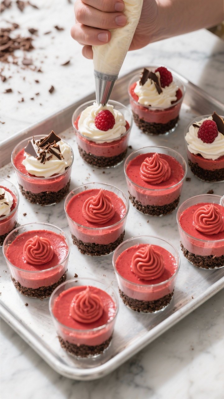 Overhead “process” shot: A neat tray of 8–10 small glass cups showing layered assembly—dark 