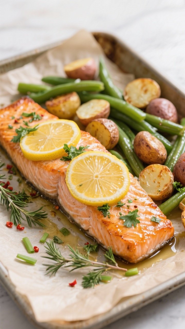 Overhead shot of a just-roasted lemon herb salmon fillet on a parchment-lined sheet pan at 400°F, g