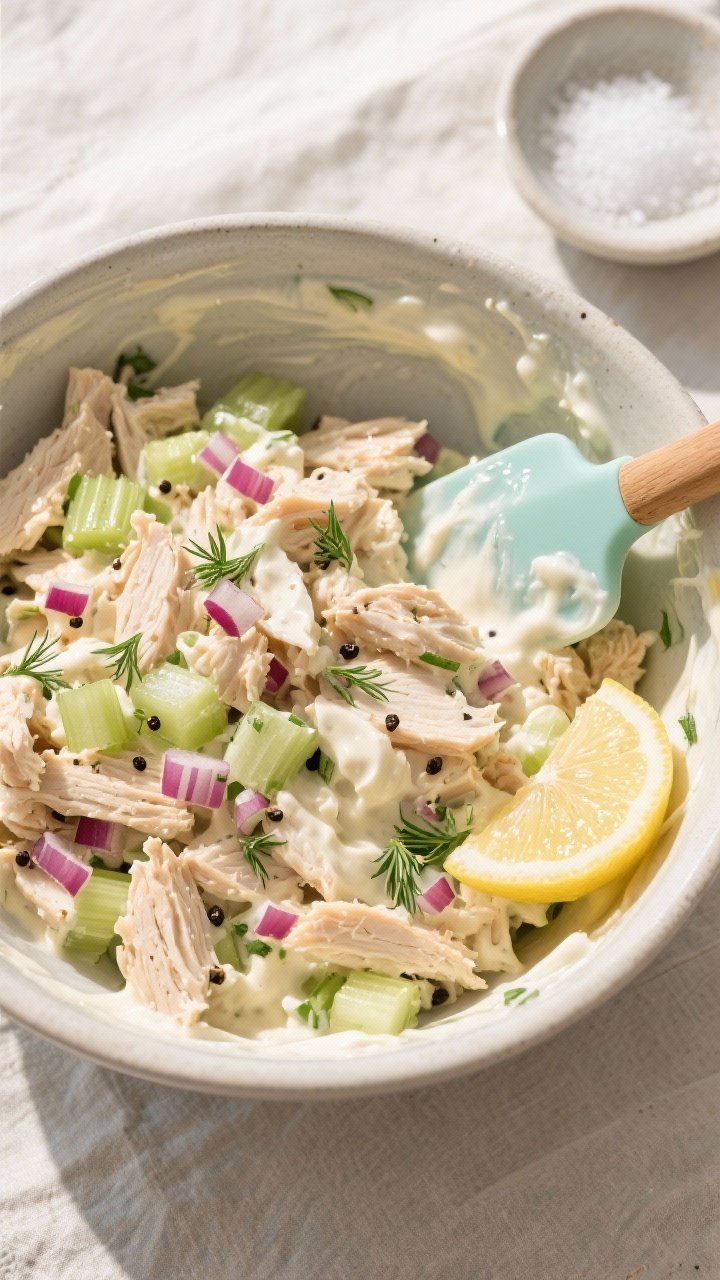 Overhead shot of a mixing bowl filled with prepared chicken salad just after combining: tender chopp