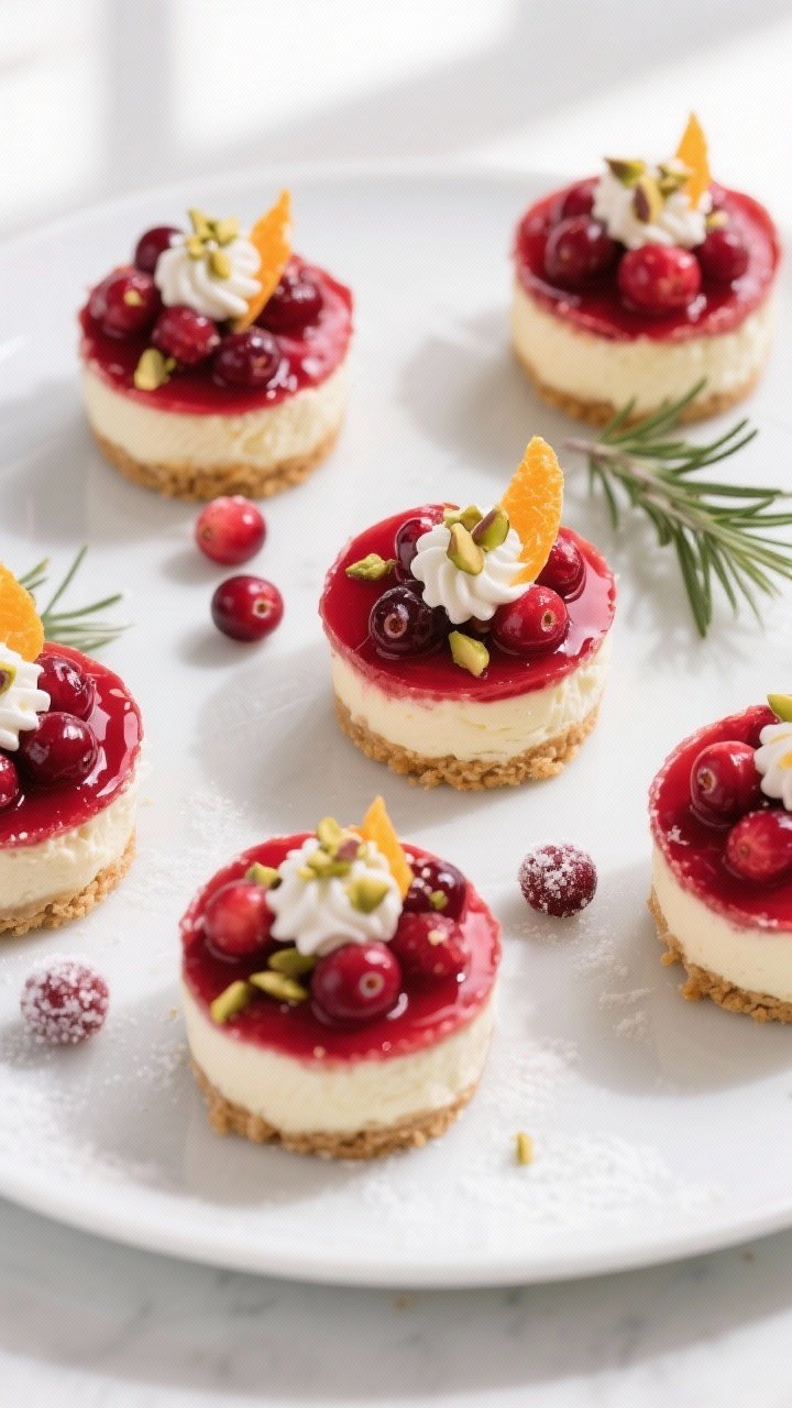 Overhead shot of finished Christmas Cranberry Cheesecake Cups arranged on a matte white platter, eac
