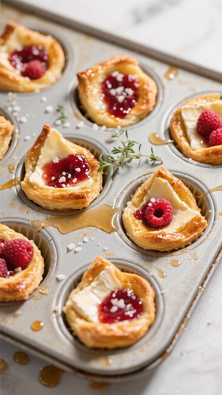 Overhead shot of freshly baked Galentines Brie and Berry Bites resting in a mini muffin tin, puff pa