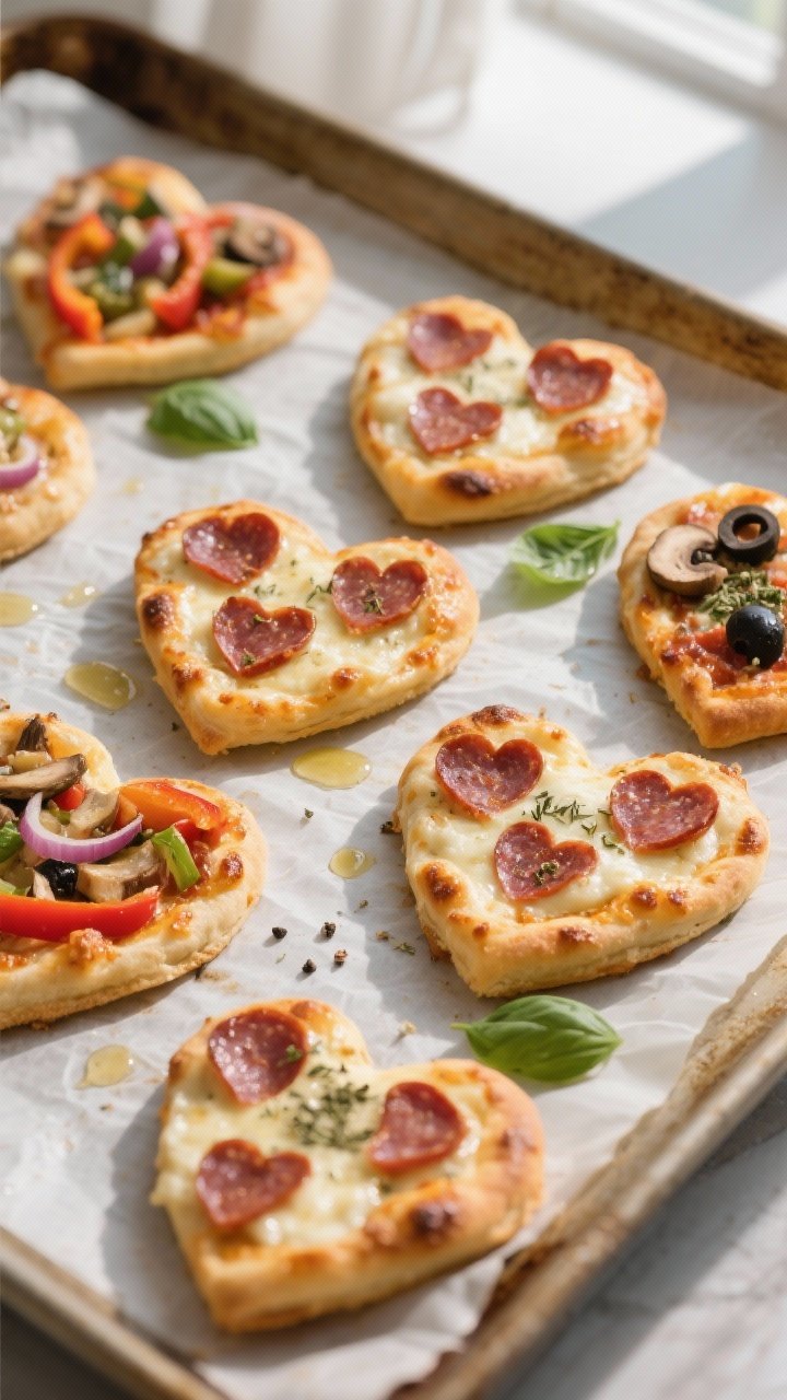 Overhead shot of freshly baked heart-shaped mini pizzas just out of the oven on a parchment-lined ba