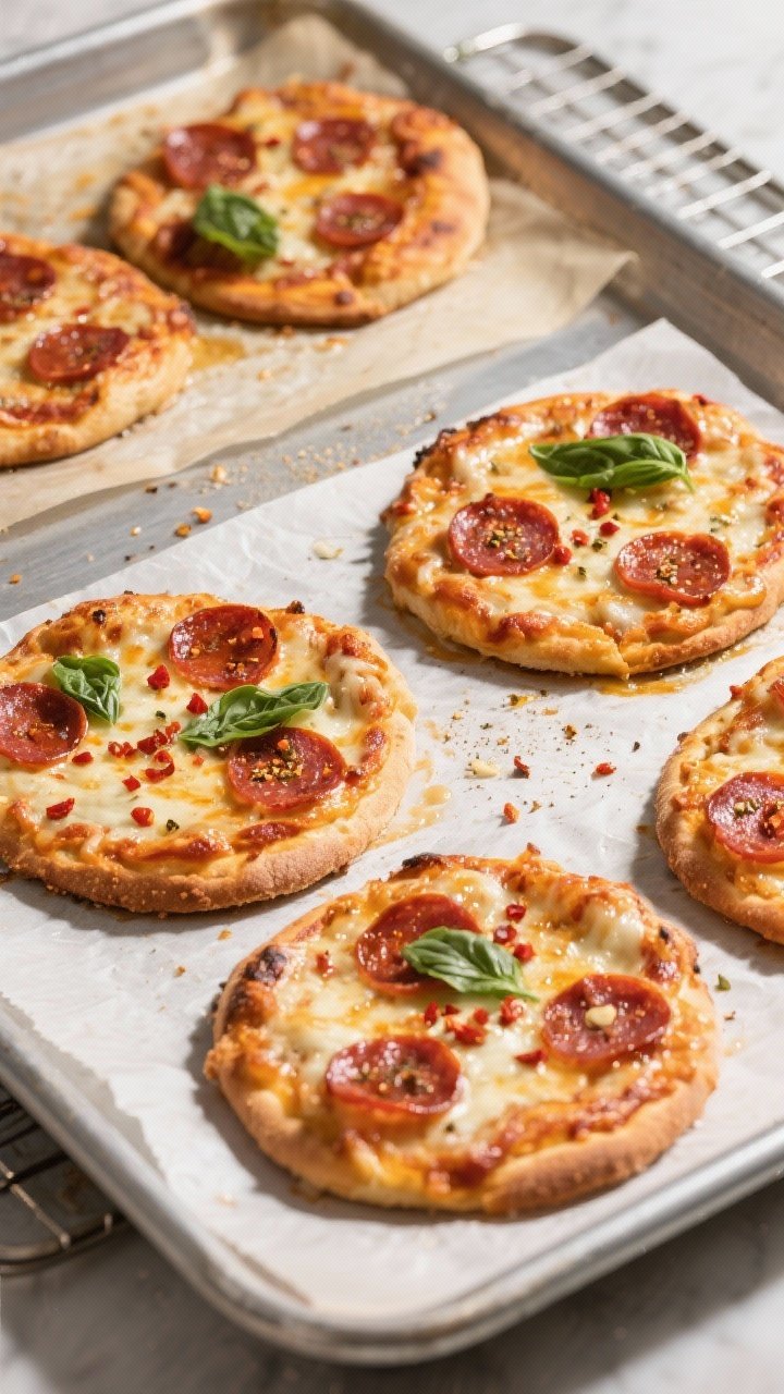 Overhead shot of freshly baked mini pepperoni pizzas on two parchment-lined sheet pans just out of a