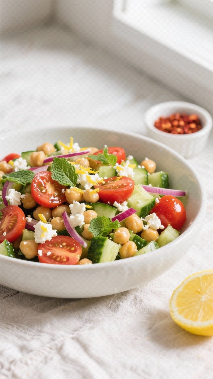 Overhead shot of the finished Chickpea Cucumber Tomato Salad just after resting, glistening with lem
