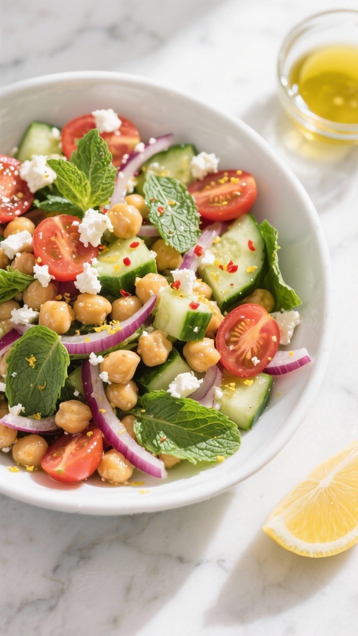 Overhead shot of the prepared Chickpea Feta Mint Salad just after tossing, showing glossy chickpeas,