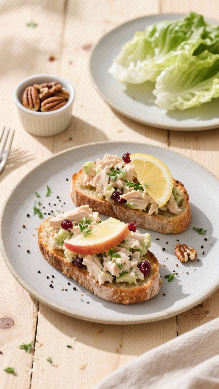 Tasty top view final presentation: Overhead shot of chicken salad with apples piled onto toasted sou