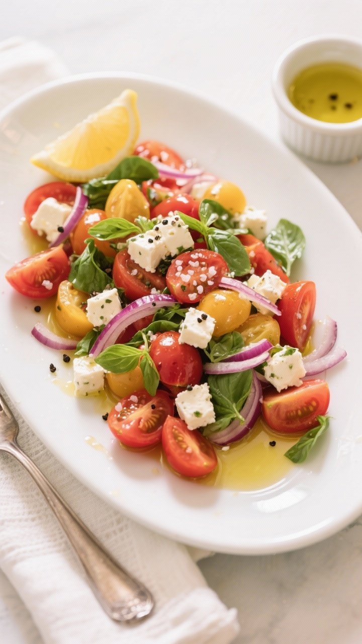 Tasty top view final presentation: Overhead shot of the finished Feta Cheese Tomato Basil Salad arra