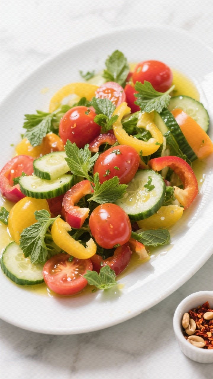 Tasty top view: Overhead shot of the salad just after tossing and resting, in a wide, white serving 